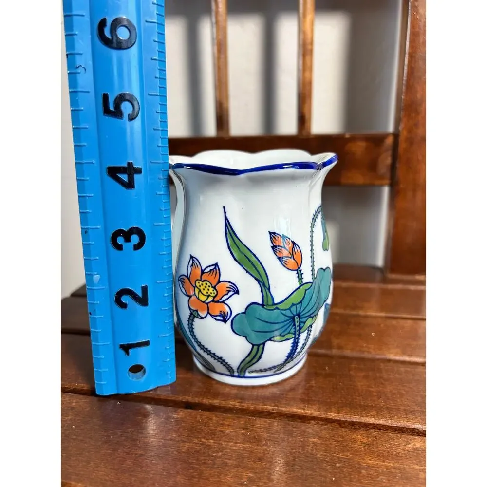 Vintage Chinese Porcelain Lotus Vase Hand Painted Blue White Scalloped Rim